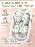 Ванночка складная с термометром для купания новорожденных LaLa-Kids, матрасик-горка для купания Динозавры