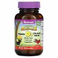 Bluebonnet Nutrition, Rainforest Animalz, витамин D3 с натуральным ягодным вкусом, 400 МЕ, 90 жевательных таблеток