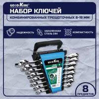 Набор ключей комбинированных, трещоточных + рожковых, GOODKING TKK-10008, 8 предметов (8, 10, 12, 13, 14, 15, 17, 19 мм) в пластиковом держателе