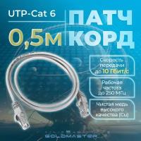 Патч-корд GoldMaster 0,5м, UTP cat6, медь, RJ45, Ethernet, LAN, серый, NA102-0,5m, контакты Blade позолота 03MU