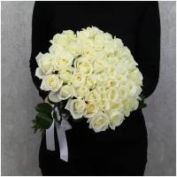 Цветы живые букет из 51 белой розы Аваланч 40 см с атласной лентой