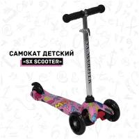 Самокат трехколесный детский SX Scooter, со светящимися колесами, для детей 1-3 года, Розовые цветы