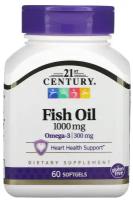 Рыбий жир, 1000 мг, 60 мягких капсул, 21st Century омега-3, витамины, БАД