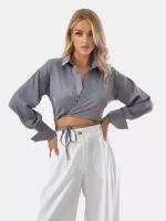 Блуза ZoyaGrace, классический стиль, полуприлегающий силуэт, длинный рукав, открытая спина, манжеты, без карманов, однотонная, размер 44, бежевый