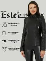 Кожаная куртка Este'e exclusive Fur&Leather демисезонная, укороченная, силуэт прилегающий, водонепроницаемая, размер 2XL, черный