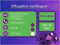 Сим карта Мегафон тариф Безлимитные звонки на Мегафон 700 мин на любые номера по России 40 ГБ интернет-трафика 100 смс Абонентская плата 250 рубл/мес