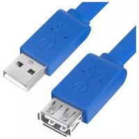 GCR Удлинитель PROF 0.3m USB 2.0, AM/AF, плоский синий, морозостойкий