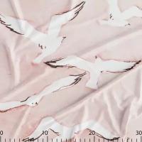 Ткань для шитья атлас с дизайнерским принтом Лебеди на розовом, купон 100х150 см, плотность 165 г. м2
