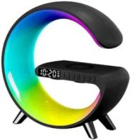 Стильный RGB Ночник с беспроводной зарядкой 15W, часами, будильником и Bluetooth колонкой черный