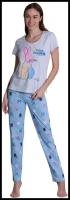 Пижама Швейная мануфактура Золотое Руно женская футболка, брюки, серый, голубой, домашняя одежда, коллекция новый год, размер 52