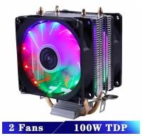 Кулер с двумя вентиляторами для процессора 100W TDP с RGB подсветкой, бесшумный