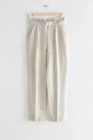 Льняные брюки с завышенной талией и поясом - светло-бежевый - 40