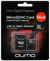 Карта памяти Qumo microSDHC 16 ГБ Class 10, V10, A1, UHS-I, R 90 МБ/с, адаптер на SD, 1 шт., серый