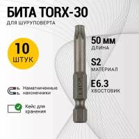 Шестигранные биты REXANT Torx T-30х50 мм для шуруповертов из закаленной стали S2, в упаковке 10 шт