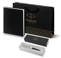 Подарочный набор Parker: Ежедневник черный из эко-кожи с тиснением и ручка шариковая Jotter Essential Satin Black CT, корпус черного цвета