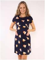 Ночная сорочка (домашнее платье) для беременных и кормящих Корги на синем, размер 48