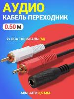 Аудио кабель переходник адаптер GSMIN AV11 Mini Jack 3,5 мм мини джек (F) - 2x RCA тюльпаны (M) (50 cм) (Черный)