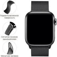Ремешок миланская петля для Apple Watch 42-44-45 mm, Series 1-7, SE / Металлический браслет (milanese loop) для смарт часов Эпл Вотч 42-45 мм, Черный