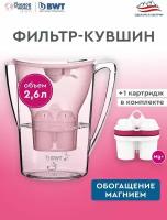 Фильтр для воды кувшин BWT Penguin/Aqualizer Home розовый, с механическим датчиком c 1 картриджем Magnesium Mineralized Water; минерализация Магнием