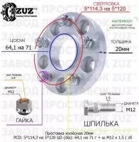 Проставка колёсная 20мм 5*114,3 на 5*120 ЦО 64,1 на 71 Крепёж в комплекте Гайка + Шпилька М12*1,5 ступичная с бортиком переходная адаптер для дисков