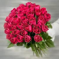 Букет живых цветов из 21 малиновой розы с лентой 40см
