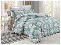 Семейный комплект постельного белья сатин двусторонний зеленый с цветами
