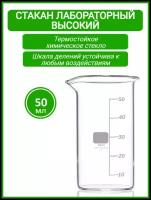 Стакан лабораторный 50 мл (тип В, высокий с делениями и носиком, термостойкий), ТС В-1-50