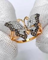 Объемное в форме бабочки Кольцо Trade Jewelry из серебра 925 пробы (покрытие золото 585) с александритом и белыми фианитами