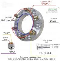 Проставка колёсная 25мм 6*139,7 ЦО 100,1 на 106,1 Крепёж в комплекте Гайка + Шпилька М12*1,25 ступичная с бортиком для дисков на ступицу 6x139,7