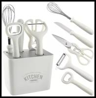 Набор кухонных принадлежностей из 6 предметов: венчик, нож, ножницы, овощечистка, открывалка, подставка