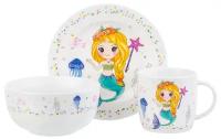 Набор фарфоровый столовый обеденный детский 3 предмета - кружка, миска, тарелка Elan Gallery Русалка с золотыми волосами