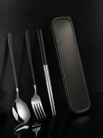 Набор столовых приборов с палочками для суши и роллов, металлические, цвет: черный с серебром