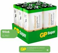 Батарейки щелочные (алкалиновые) GP Super, тип 6LR61, 9V, 6шт. (Крона)