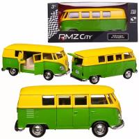 Машинка металлическая Uni-Fortune RMZ City серия 1:32 Автобус инерционный Volkswagen Samba bus Transporter, цвет желтый с зеленым, 16,5*7,5*7 см