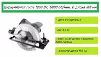 Циркулярная пила 1200Вт, D диска 185 мм, диск в комплекте