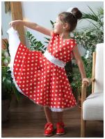 Платье для девочки нарядное бушон ST10, стиляги цвет красный, белый пояс, принт белый горошек (122-128)