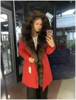 Парка-куртка женская зимняя, демисезонная, мембрана с капюшоном и натуральным мехом песца под соболь, цвет красный, длина 90 см