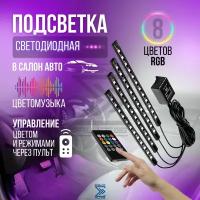 Подсветка салона автомобиля, диодная лента в авто c USB, подсветка ног с пультом