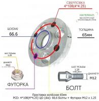 Проставка для дисков 1 шт 65мм: 4*108(4*4.25) ЦО (dia): 66.6мм / с бортиком / крепёж в комплекте Болты + Футорки M12 * 1.25 применяемость: Dongfeng 4х108