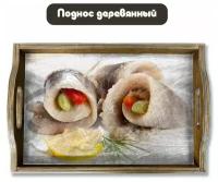 Деревянный поднос с рисунком Еда (Рыба, селедка, сельдь, засолка, заправка, мясо) - 1006