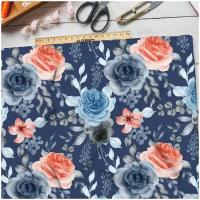 Ткань габардин голубые розы на синем (Габардин)