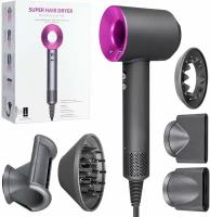 Профессиональный фен для волос Super Hair Dryer, 3 режима, 5 магнитных насадок, ионизация воздуха, цвет фуксия