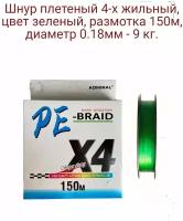 Плетеный шнур для рыбалки 0,18mm 150m, цвет - зеленый, test - 9kg