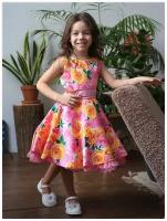 Платье для девочки нарядное бушон ST30, стиляги цвет розовый/желтый пояс розовый, принт цветы (134-140)