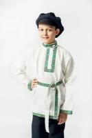 Косоворотка Владимир, русская народная рубаха, белая с зеленой тесьмой 7-8 лет (122-128 см)