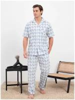 Пижама DORIZORI, рубашка, брюки, пояс на резинке, размер XL, синий