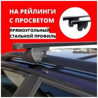 Багажник на крышу для Volkswagen Polo IV Cross (универсал) 2005-2009 на рейлинги. Прямоугольные дуги. Комплект из 2-х поперечин и 4-х опор багажника