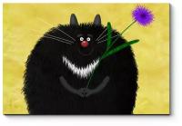 Модульная картина Милый черный кот с фиолетовой астрой 30x20