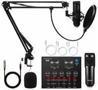 Condenser microphone with metal body, cantilever bracket, metal shock absorber, plastic filter, microphone cover, jack - xlr 1,5m, user manual, V8 sou