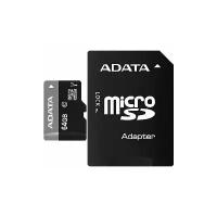 Карта памяти ADATA microSDHC 64 ГБ Class 10, R/W 16/10 МБ/с, адаптер на SD